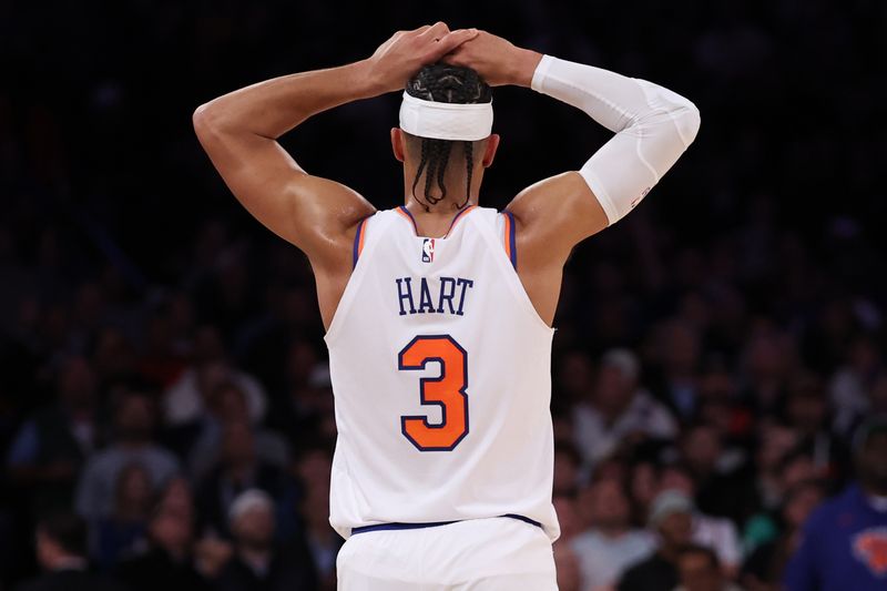 NEW YORK, NEW YORK - NOVEMBER 13: Josh Hart #3 of the New York Knicks reacts after being called for a foul against the Chicago Bulls during the final minute of the fourth quarter at Madison Square Garden on November 13, 2024 in New York City. NOTE TO USER: User expressly acknowledges and agrees that, by downloading and or using this photograph, User is consenting to the terms and conditions of the Getty Images License Agreement.  (Photo by Elsa/Getty Images)