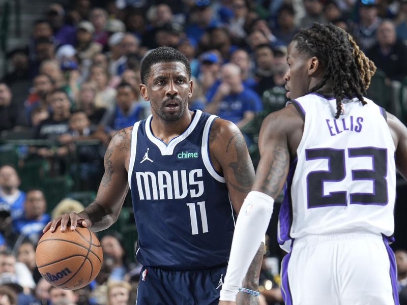 DALLAS, TX - MARCH 3: Kyrie Irving #11 of the Dallas Mavericks dribbles the ball during the game against the Sacramento Kings on March 3, 2025 at American Airlines Center in Dallas, Texas. NOTE TO USER: User expressly acknowledges and agrees that, by downloading and or using this photograph, User is consenting to the terms and conditions of the Getty Images License Agreement. Mandatory Copyright Notice: Copyright 2025 NBAE (Photo by Glenn James/NBAE via Getty Images)