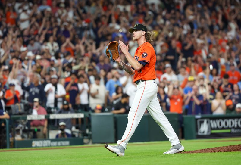 May 17, 2024; Houston, Texas, USA; Houston Astros relief pitcher Josh Hader (71) celebrates the win against the Milwaukee Brewers at Minute Maid Park. Mandatory Credit: Thomas Shea-USA TODAY Sports