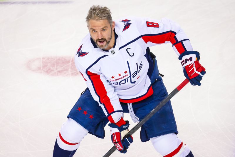 Mar 18, 2024; Calgary, Alberta, CAN; Washington Capitals left wing Alex Ovechkin (8) skates during the warmup period against the Calgary Flames at Scotiabank Saddledome. Mandatory Credit: Sergei Belski-USA TODAY Sports