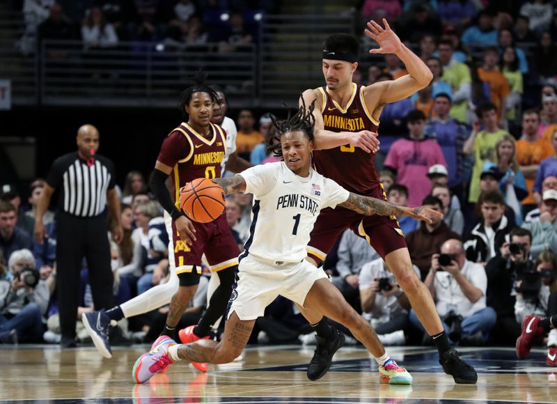 Jan 27, 2024; University Park, Pennsylvania, USA; Penn State Nittany Lions guard Ace Baldwin Jr (1) tries to regain control of the ball as Minnesota Golden Gophers forward Dawson Garcia (3) defends during the second half at Bryce Jordan Center. Minnesota defeated Penn State 83-74. Mandatory Credit: Matthew O'Haren-USA TODAY Sports