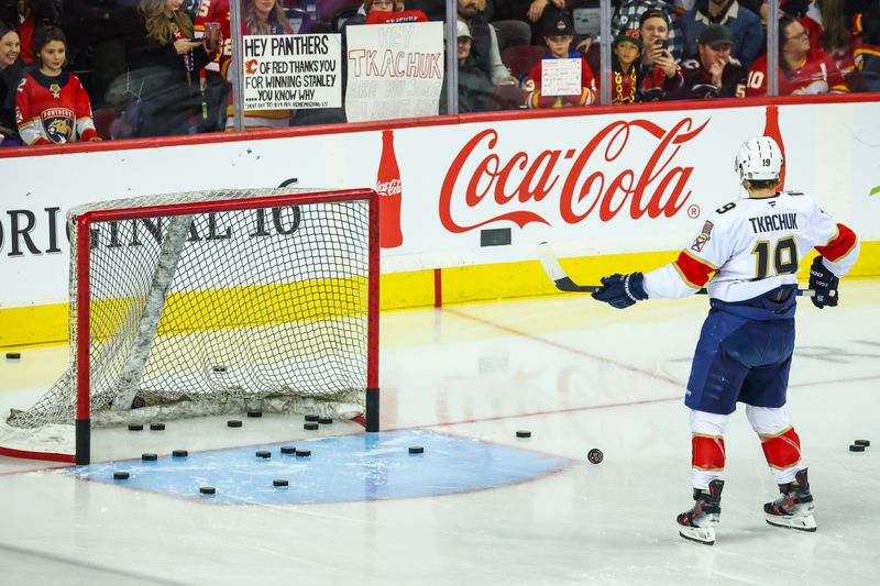 Dec 14, 2024; Calgary, Alberta, CAN; Florida Panthers left wing Matthew Tkachuk (19) during the warmup period against the Calgary Flames at Scotiabank Saddledome. Mandatory Credit: Sergei Belski-Imagn Images