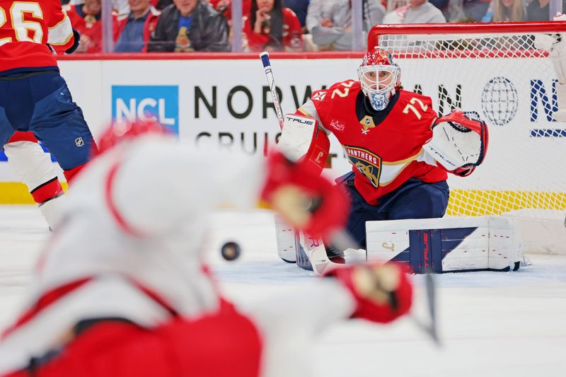 May 26, 2025; Sunrise, Florida, USA; Florida Panthers goaltender Sergei Bobrovsky (72) defends the net during the first period against the Carolina Hurricanes in game four of the Eastern Conference Final of the 2025 Stanley Cup Playoffs at Amerant Bank Arena. Mandatory Credit: Sam Navarro-Imagn Images