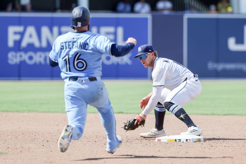 May 25, 2025; St. Petersburg, Florida, USA; Tampa Bay Rays shortstop Taylor Walls (6) catches the ball and forces out Toronto Blue Jays second base Michael Stefanic (16) and throws the ball to first base for a double play during the ninth inning  at George M. Steinbrenner Field. Mandatory Credit: Kim Klement Neitzel-Imagn Images