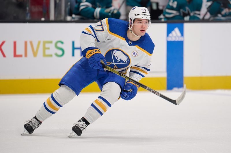 Jan 27, 2024; San Jose, California, USA; Buffalo Sabres right wing JJ Peterka (77) skates against the San Jose Sharks during the third period at SAP Center at San Jose. Mandatory Credit: Robert Edwards-USA TODAY Sports