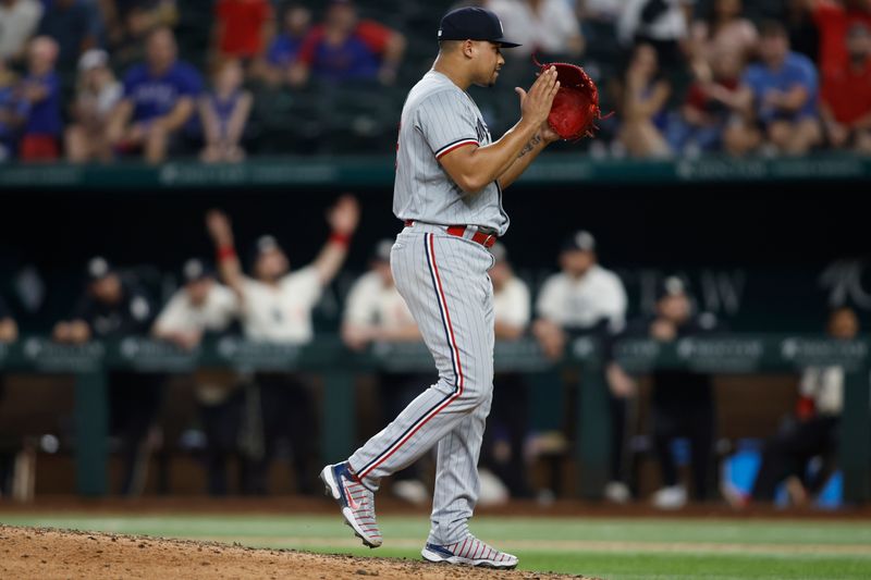 Sep 2, 2023; Arlington, Texas, USA; Minnesota Twins relief pitcher Jhoan Duran (59) reacts after getting the save in the game against the Texas Rangers at Globe Life Field. Mandatory Credit: Tim Heitman-USA TODAY Sports