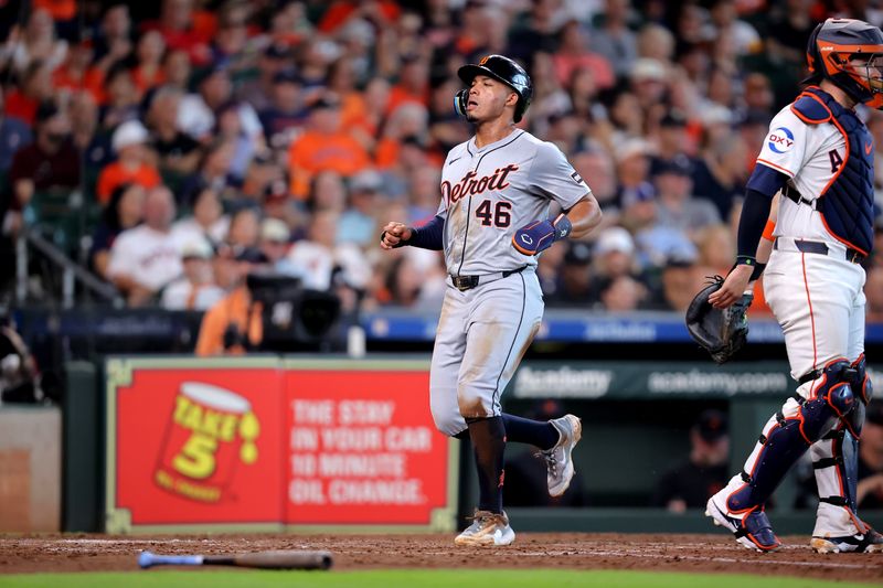 Jun 15, 2024; Houston, Texas, USA; Detroit Tigers right fielder Wenceel Pérez (46) crosses home plate to score  a a run against the Houston Astros during the third inning at Minute Maid Park. Mandatory Credit: Erik Williams-USA TODAY Sports