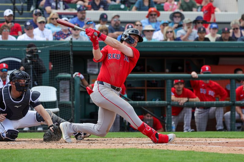 Feb 27, 2025; Lakeland, Florida, USA; Boston Red Sox designated hitter Nick Sogard (20) bats during the fourth inning against the Detroit Tigers at Publix Field at Joker Marchant Stadium. Mandatory Credit: Mike Watters-Imagn Images