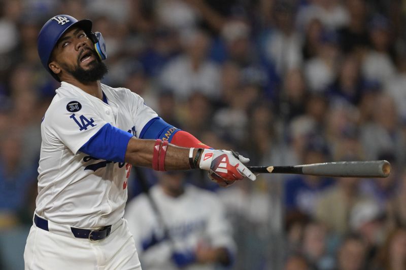 May 21, 2025; Los Angeles, California, USA;  Los Angeles Dodgers right fielder Teoscar Hernandez (37) reacts after striking out in the eighth inning against the Arizona Diamondbacks at Dodger Stadium. Mandatory Credit: Jayne Kamin-Oncea-Imagn Images