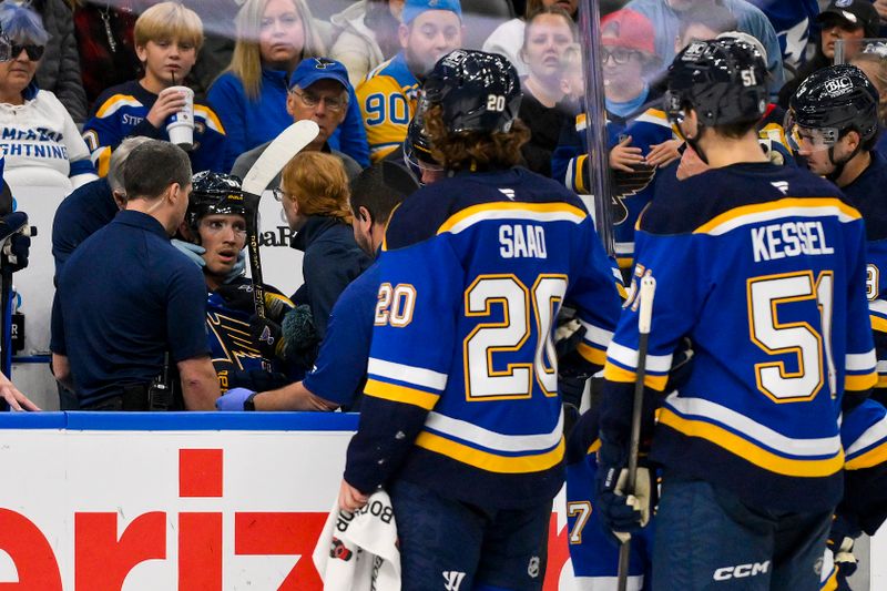 Nov 5, 2024; St. Louis, Missouri, USA;  St. Louis Blues center Dylan Holloway (81) is checked on by a trainer after he came off the ice from a shift against the Tampa Bay Lightning during the first period at Enterprise Center. Dylan Holloway was removed from the bench on a stretcher. Mandatory Credit: Jeff Curry-Imagn Images