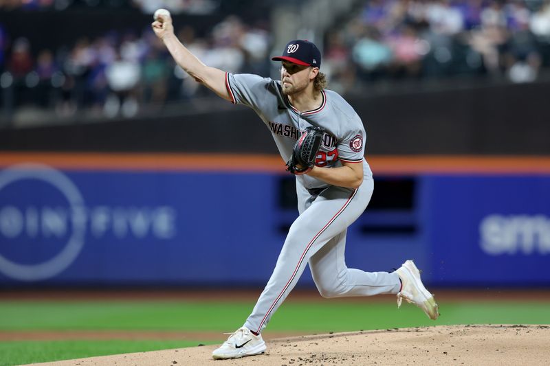 Sep 16, 2024; New York City, New York, USA; Washington Nationals starting pitcher Jake Irvin (27) pitches against the New York Mets during the first inning at Citi Field. Mandatory Credit: Brad Penner-Imagn Images