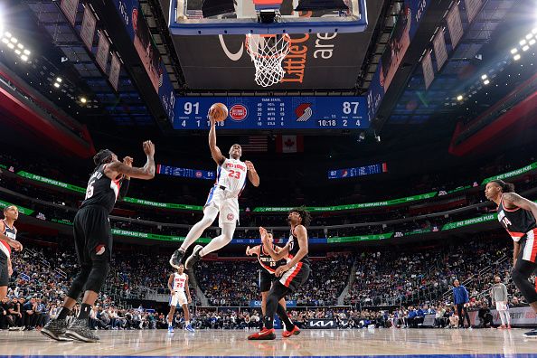 DETROIT, MI - NOVEMBER 1: Jaden Ivey #23 of the Detroit Pistons drives to the basket during the game against the Portland Trail Blazers on November 1, 2023 at Little Caesars Arena in Detroit, Michigan. NOTE TO USER: User expressly acknowledges and agrees that, by downloading and/or using this photograph, User is consenting to the terms and conditions of the Getty Images License Agreement. Mandatory Copyright Notice: Copyright 2023 NBAE (Photo by Chris Schwegler/NBAE via Getty Images)