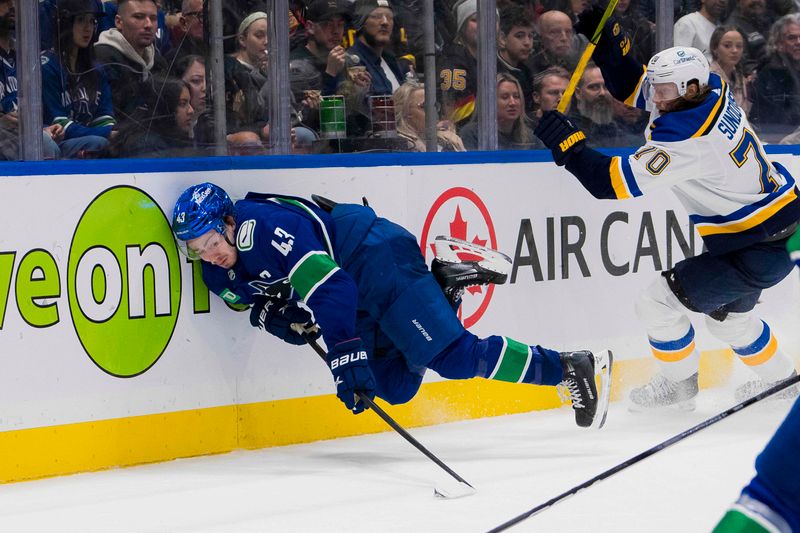 Jan 24, 2024; Vancouver, British Columbia, CAN; St. Louis Blues forward Oskar Sundqvist (70) checks Vancouver Canucks defenseman Quinn Hughes (43) into the end boards in the third period at Rogers Arena. Blues 4-3 in overtime. Mandatory Credit: Bob Frid-USA TODAY Sports