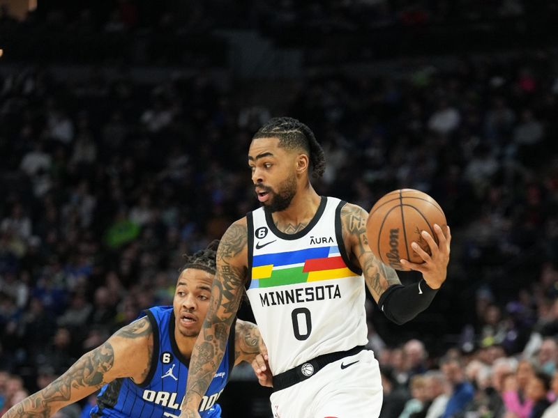 MINNEAPOLIS, MN -  FEBRUARY 3: D'Angelo Russell #0 of the Minnesota Timberwolves drives to the basket during the game against the Orlando Magic on February 3, 2023 at Target Center in Minneapolis, Minnesota. NOTE TO USER: User expressly acknowledges and agrees that, by downloading and or using this Photograph, user is consenting to the terms and conditions of the Getty Images License Agreement. Mandatory Copyright Notice: Copyright 2022 NBAE (Photo by Jordan Johnson/NBAE via Getty Images)