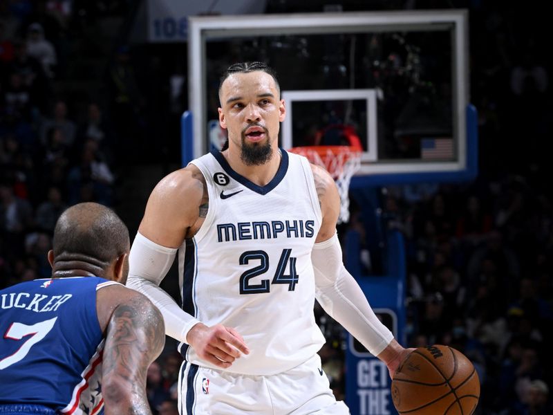 PHILADELPHIA, PA - FEBRUARY 23: Dillon Brooks #24 of the Memphis Grizzlies dribbles the ball during the game against the Philadelphia 76ers on February 23, 2023 at the Wells Fargo Center in Philadelphia, Pennsylvania NOTE TO USER: User expressly acknowledges and agrees that, by downloading and/or using this Photograph, user is consenting to the terms and conditions of the Getty Images License Agreement. Mandatory Copyright Notice: Copyright 2023 NBAE (Photo by David Dow/NBAE via Getty Images)