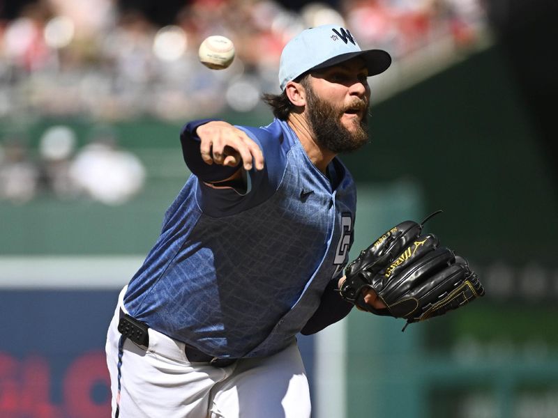 May 10, 2025; Washington, District of Columbia, USA; Washington Nationals starting pitcher Trevor Williams (32) throws to the St. Louis Cardinals during the first inning at Nationals Park. Mandatory Credit: Brad Mills-Imagn Images