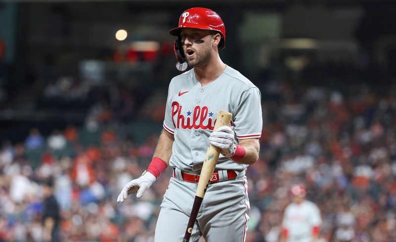 Apr 30, 2023; Houston, Texas, USA; Philadelphia Phillies designated hitter Kody Clemens (23) reacts after striking out during the ninth inning against the Houston Astros at Minute Maid Park. Mandatory Credit: Troy Taormina-USA TODAY Sports