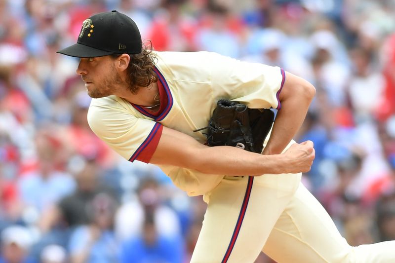 May 19, 2024; Philadelphia, Pennsylvania, USA; Philadelphia Phillies pitcher Aaron Nola (27) follows through on a pitch during the seventh inning against the Washington Nationals at Citizens Bank Park. Mandatory Credit: Eric Hartline-USA TODAY Sports