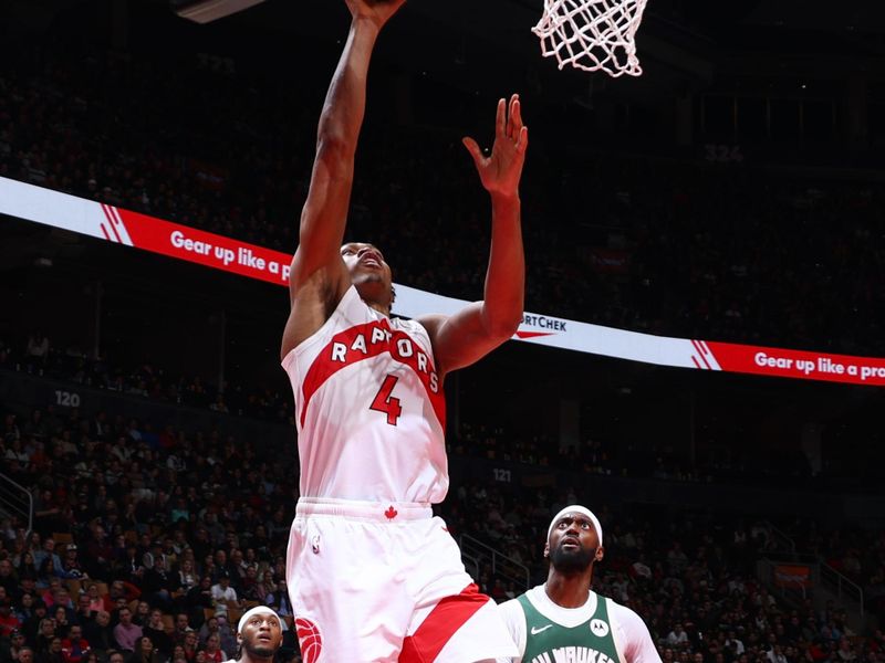 TORONTO, CANADA - JANUARY 6: Scottie Barnes #4 of the Toronto Raptors drives to the basket during the game against the Milwaukee Bucks on January 6, 2025 at the Scotiabank Arena in Toronto, Ontario, Canada.  NOTE TO USER: User expressly acknowledges and agrees that, by downloading and or using this Photograph, user is consenting to the terms and conditions of the Getty Images License Agreement.  Mandatory Copyright Notice: Copyright 2025 NBAE (Photo by Vaughn Ridley/NBAE via Getty Images)