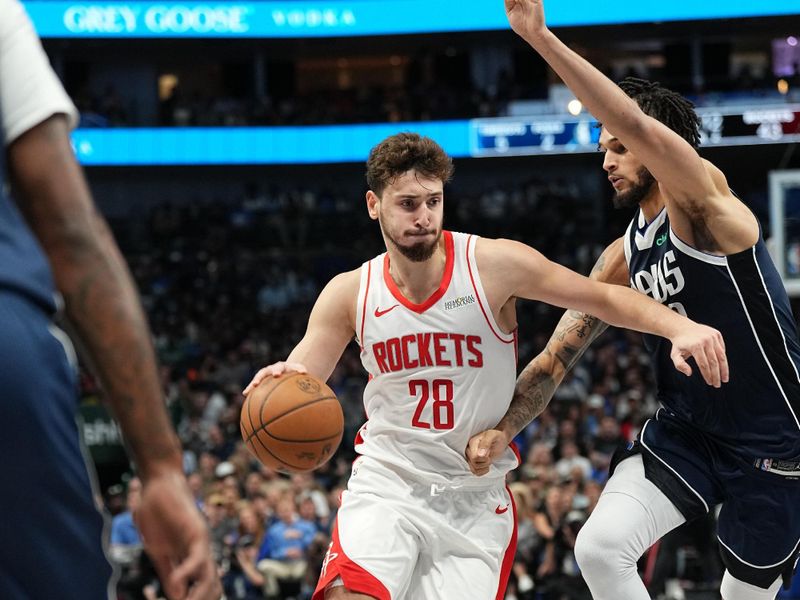 DALLAS, TX - OCTOBER 31: Alperen Sengun #28 of the Houston Rockets drives to the basket during the game against the Dallas Mavericks on October 31, 2024 at American Airlines Center in Dallas, Texas. NOTE TO USER: User expressly acknowledges and agrees that, by downloading and or using this photograph, User is consenting to the terms and conditions of the Getty Images License Agreement. Mandatory Copyright Notice: Copyright 2024 NBAE (Photo by Glenn James/NBAE via Getty Images)