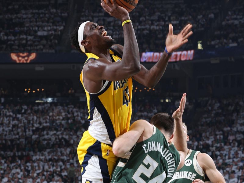 MILWAUKEE, WI - APRIL 23: Pascal Siakam #43 of the Indiana Pacers shoots the ball during Round 1 Game 2 of the 2024 NBA Playoffs against the Milwaukee Bucks on April 23, 2024 at the Fiserv Forum Center in Milwaukee, Wisconsin. NOTE TO USER: User expressly acknowledges and agrees that, by downloading and or using this Photograph, user is consenting to the terms and conditions of the Getty Images License Agreement. Mandatory Copyright Notice: Copyright 2024 NBAE (Photo by Jeff Haynes/NBAE via Getty Images).