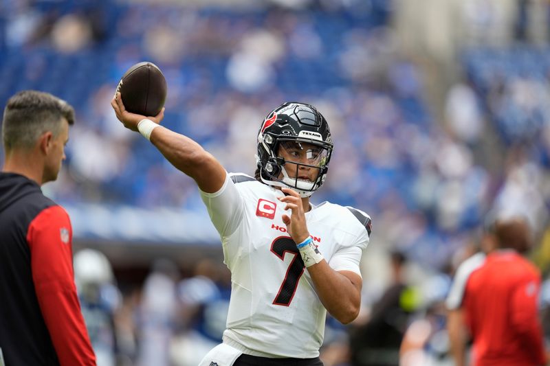 Houston Texans quarterback C.J. Stroud (7) warms up before an NFL football game against the Indianapolis Colts, Sunday, Sept. 8, 2024, in Indianapolis. (AP Photo/Michael Conroy)