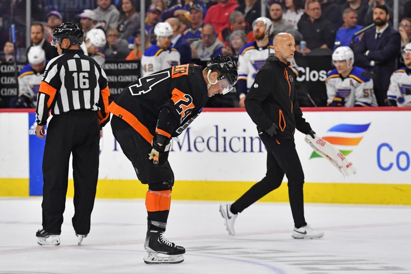 Mar 4, 2024; Philadelphia, Pennsylvania, USA; Philadelphia Flyers defenseman Nick Seeler (24) skates off the ice after being hit by the puck against the St. Louis Blues during the second period at Wells Fargo Center. Mandatory Credit: Eric Hartline-USA TODAY Sports