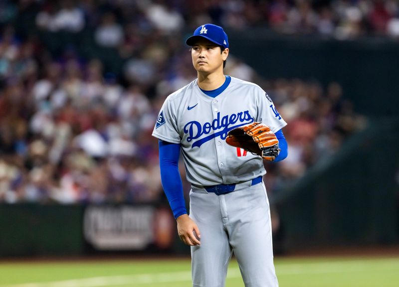 Sep 23, 2025; Phoenix, Arizona, USA; Los Angeles Dodgers pitcher Shohei Ohtani in the first inning against the Arizona Diamondbacks at Chase Field. Mandatory Credit: Mark J. Rebilas-Imagn Images