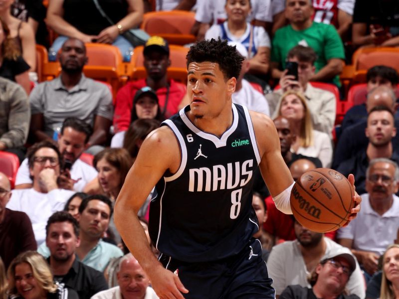 MIAMI, FL - APRIL 1: Josh Green #8 of the Dallas Mavericks handles the ball during the game against the Miami Heat on April 1, 2023 at Miami-Dade Arena in Miami, Florida. NOTE TO USER: User expressly acknowledges and agrees that, by downloading and or using this Photograph, user is consenting to the terms and conditions of the Getty Images License Agreement. Mandatory Copyright Notice: Copyright 2023 NBAE (Photo by Issac Baldizon/NBAE via Getty Images)