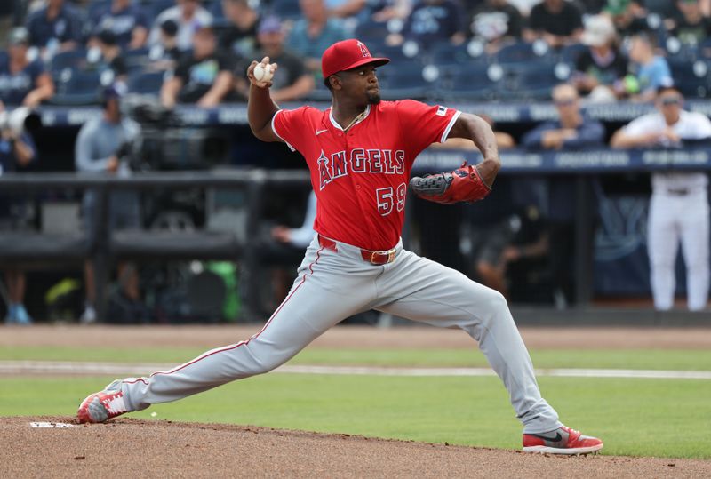 Apr 10, 2025; Tampa, Fl, USA;  Los Angeles Angels starting pitcher Jose Soriano (59) throws a pitch against the Tampa Bay Rays during the first inning at George M. Steinbrenner Field. Mandatory Credit: Kim Klement Neitzel-Imagn Images