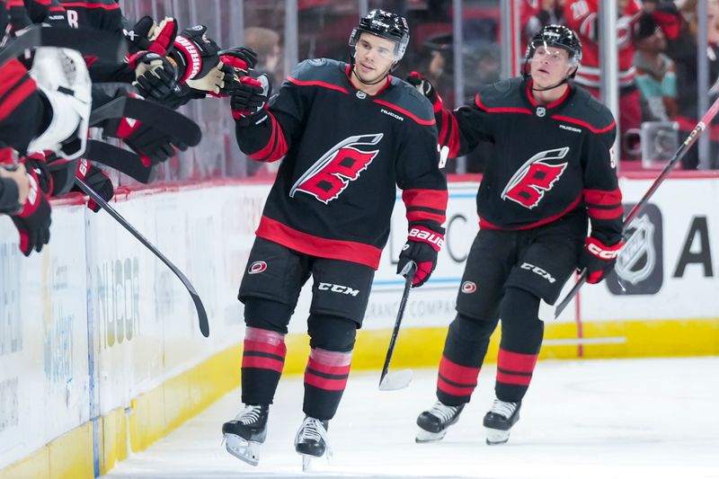 Oct 11, 2025; Raleigh, North Carolina, USA;  Carolina Hurricanes center Logan Stankoven (22) celebrates his goal against the Philadelphia Flyers during the second period at Lenovo Center. Mandatory Credit: James Guillory-Imagn Images