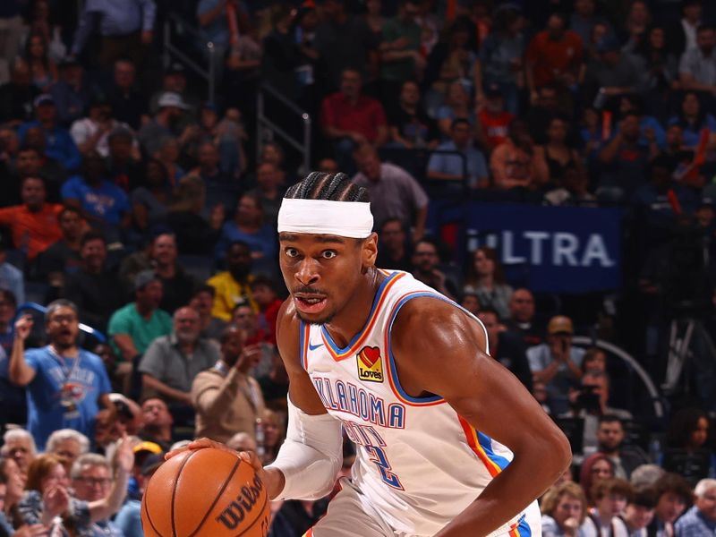 OKLAHOMA CITY, OK - MARCH 12: Shai Gilgeous-Alexander #2 of the Oklahoma City Thunder drives to the basket during the game against the Indiana Pacers on March 12, 2024 at Paycom Arena in Oklahoma City, Oklahoma. NOTE TO USER: User expressly acknowledges and agrees that, by downloading and or using this photograph, User is consenting to the terms and conditions of the Getty Images License Agreement. Mandatory Copyright Notice: Copyright 2024 NBAE (Photo by Zach Beeker/NBAE via Getty Images)