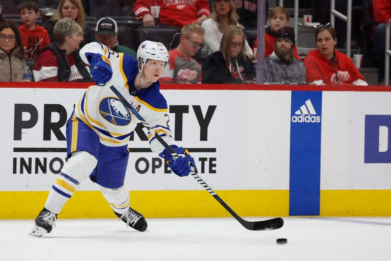 Apr 7, 2024; Detroit, Michigan, USA; Buffalo Sabres defenseman Rasmus Dahlin (26) skates with the puck in the first period against the Detroit Red Wings at Little Caesars Arena. Mandatory Credit: Rick Osentoski-USA TODAY Sports