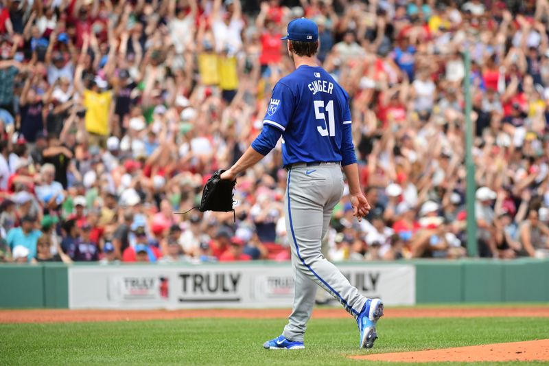 Jul 14, 2024; Boston, Massachusetts, USA; Kansas City Royals starting pitcher Brady Singer (51) walks to the dugout after being relieved during the third inning against the Boston Red Sox at Fenway Park. Mandatory Credit: Bob DeChiara-USA TODAY Sports