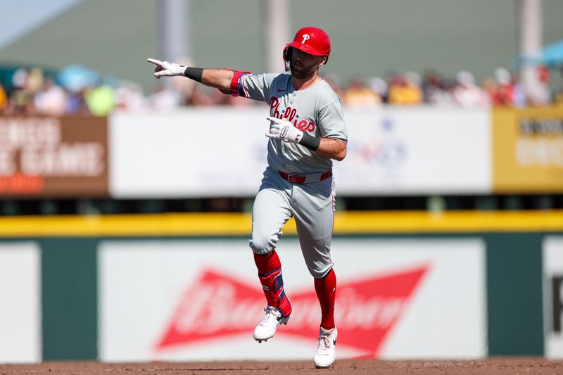 Mar 7, 2025; Bradenton, Florida, USA; Philadelphia Phillies third baseman Kody Clemens (2) runs the bases after hitting a solo home run against the Pittsburgh Pirates in the sixth inning during spring training at LECOM Park. Mandatory Credit: Nathan Ray Seebeck-Imagn Images