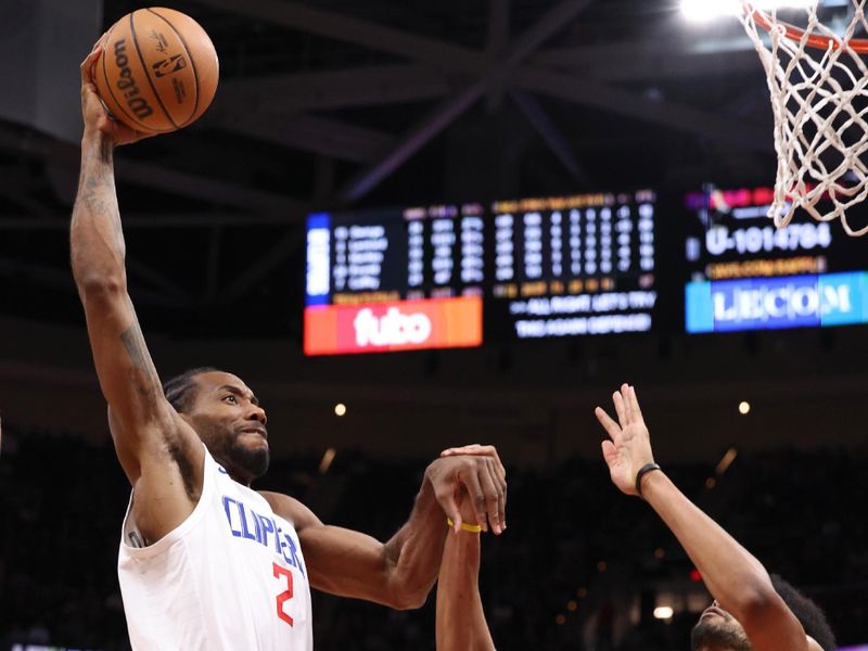 CLEVELAND, OH - JANUARY 29:  Kawhi Leonard #2 of the LA Clippers goes to the basket during the game on January 29, 2024 at Rocket Mortgage FieldHouse in Cleveland, Ohio. NOTE TO USER: User expressly acknowledges and agrees that, by downloading and/or using this Photograph, user is consenting to the terms and conditions of the Getty Images License Agreement. Mandatory Copyright Notice: Copyright 2024 NBAE (Photo by  Lauren Leigh Bacho/NBAE via Getty Images)