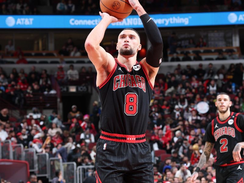 CHICAGO, IL - DECEMBER 13: Zach LaVine #8 of the Chicago Bulls shoots a free throw during the game against the Charlotte Hornets on December 13, 2024 at United Center in Chicago, Illinois. NOTE TO USER: User expressly acknowledges and agrees that, by downloading and or using this photograph, User is consenting to the terms and conditions of the Getty Images License Agreement. Mandatory Copyright Notice: Copyright 2024 NBAE (Photo by Jeff Haynes/NBAE via Getty Images)