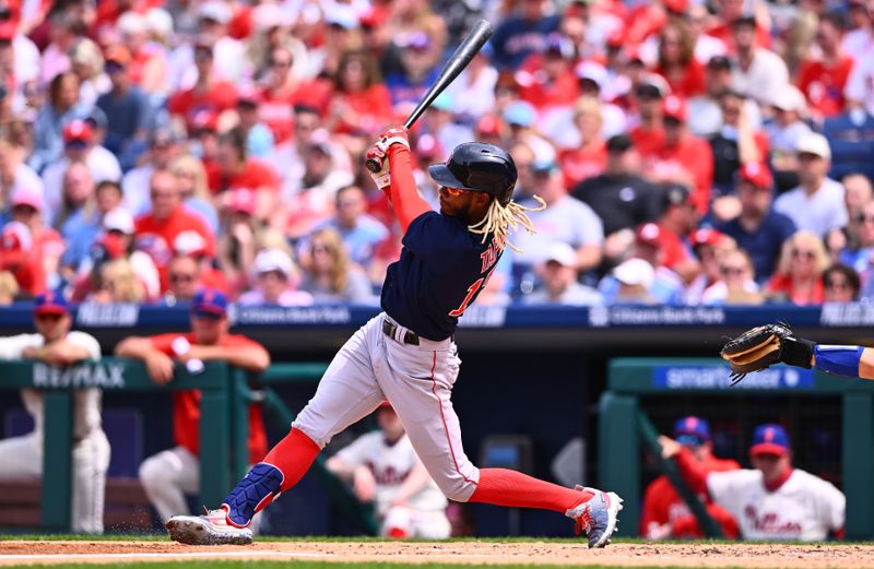 May 7, 2023; Philadelphia, Pennsylvania, USA; Boston Red Sox outfielder Raimel Tapia (17) hits a single against the Philadelphia Phillies in the fourth inning at Citizens Bank Park. Mandatory Credit: Kyle Ross-USA TODAY Sports