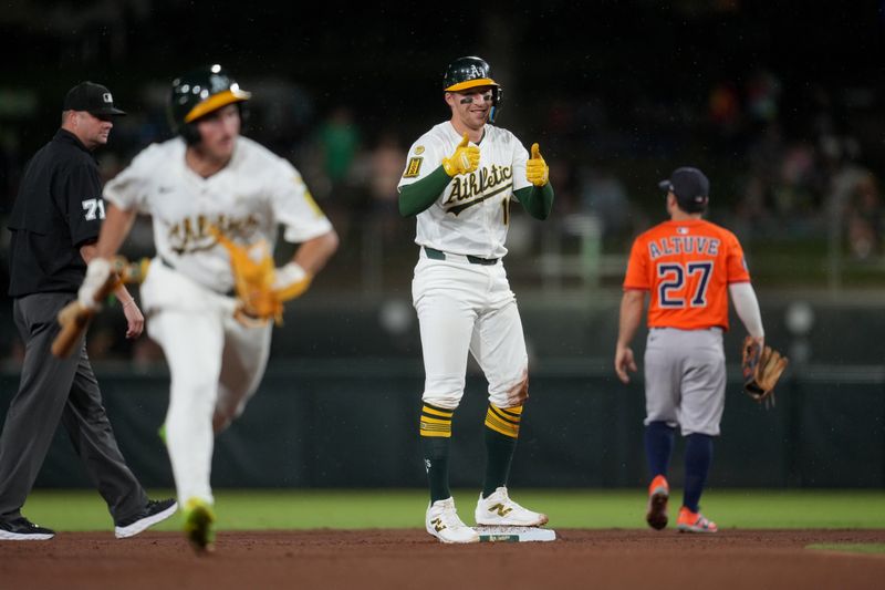 Sep 24, 2025; West Sacramento, California, USA; Athletics third baseman Brett Harris (11) reacts after a hit against the Houston Astros in the fifth inning at Sutter Health Park. Mandatory Credit: Cary Edmondson-Imagn Images