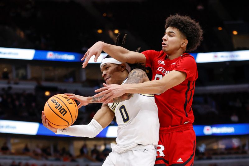 Mar 9, 2023; Chicago, IL, USA; Michigan Wolverines guard Dug McDaniel (0) grabs a rebound against Rutgers Scarlet Knights guard Derek Simpson (0) during the second half at United Center. Mandatory Credit: Kamil Krzaczynski-USA TODAY Sports