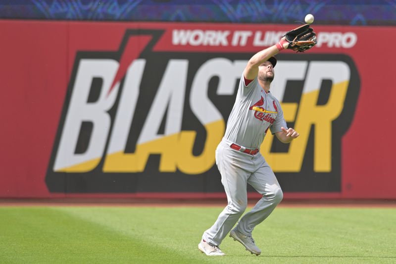 May 28, 2023; Cleveland, Ohio, USA; St. Louis Cardinals left fielder Alec Burleson (41) catches a ball hit by Cleveland Guardians shortstop Amed Rosario (not pictured) during the ninth inning at Progressive Field. Mandatory Credit: Ken Blaze-USA TODAY Sports