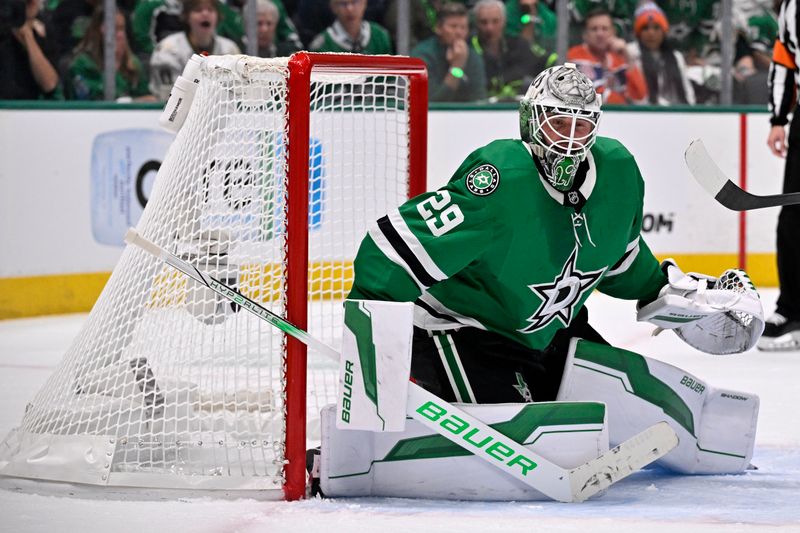May 21, 2025; Dallas, Texas, USA; Dallas Stars goaltender Jake Oettinger (29) in the net against the Edmonton Oilers in the third period during game one of the Western Conference Final of the 2025 Stanley Cup Playoffs at American Airlines Center. Mandatory Credit: Jerome Miron-Imagn Images