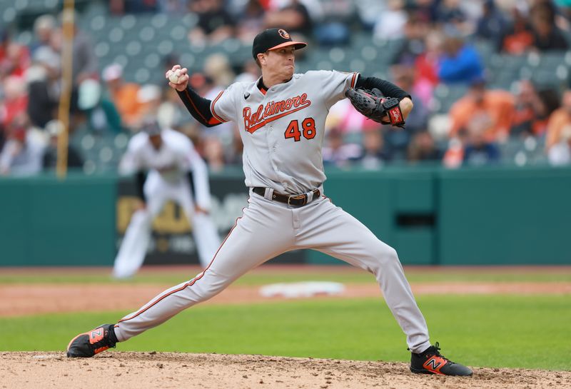 Sep 24, 2023; Cleveland, Ohio, USA; Baltimore Orioles starting pitcher Kyle Gibson (48) pitches against the Cleveland Guardians during the eighth inning at Progressive Field. Mandatory Credit: Aaron Josefczyk-USA TODAY Sports