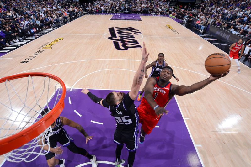 SACRAMENTO, CA - APRIL 11: Zion Williamson #1 of the New Orleans Pelicans drives to the basket during the game against the Sacramento Kings on April 11, 2024 at Golden 1 Center in Sacramento, California. NOTE TO USER: User expressly acknowledges and agrees that, by downloading and or using this Photograph, user is consenting to the terms and conditions of the Getty Images License Agreement. Mandatory Copyright Notice: Copyright 2024 NBAE (Photo by Rocky Widner/NBAE via Getty Images)