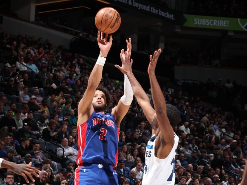 MINNEAPOLIS, MN -  MARCH 27: Cade Cunningham #2 of the Detroit Pistons shoots the ball during the game against the Minnesota Timberwolves on March 27, 2024 at Target Center in Minneapolis, Minnesota. NOTE TO USER: User expressly acknowledges and agrees that, by downloading and or using this Photograph, user is consenting to the terms and conditions of the Getty Images License Agreement. Mandatory Copyright Notice: Copyright 2024 NBAE (Photo by David Sherman/NBAE via Getty Images)