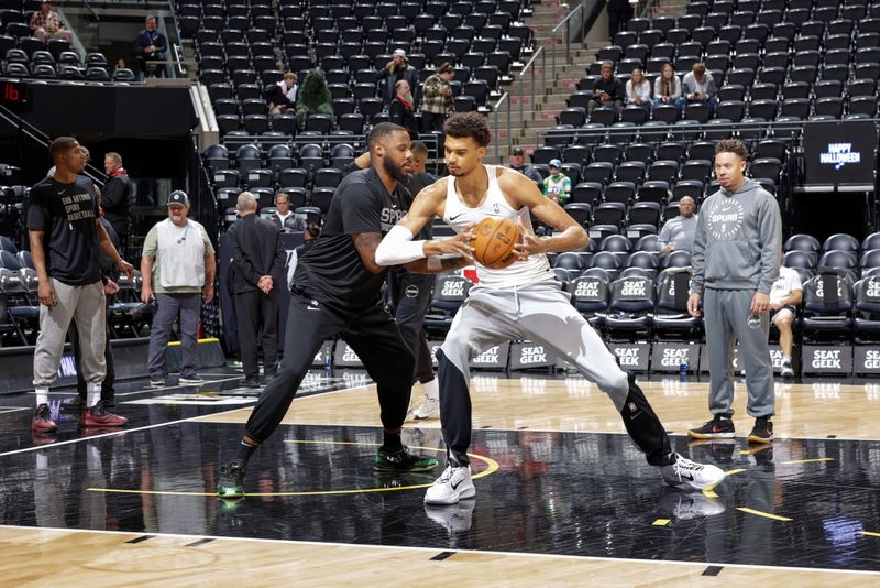 SALT LAKE CITY, UT - OCTOBER 31: Victor Wembanyama #1 of the San Antonio Spurs warms up before the game on October 31, 2024 at Delta Center in Salt Lake City, Utah. NOTE TO USER: User expressly acknowledges and agrees that, by downloading and or using this Photograph, User is consenting to the terms and conditions of the Getty Images License Agreement. Mandatory Copyright Notice: Copyright 2024 NBAE (Photo by Melissa Majchrzak/NBAE via Getty Images)