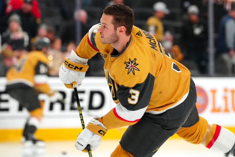 Mar 7, 2024; Las Vegas, Nevada, USA; Vegas Golden Knights defenseman Brayden McNabb (3) warms up before a game against the Vancouver Canucks at T-Mobile Arena. Mandatory Credit: Stephen R. Sylvanie-USA TODAY Sports