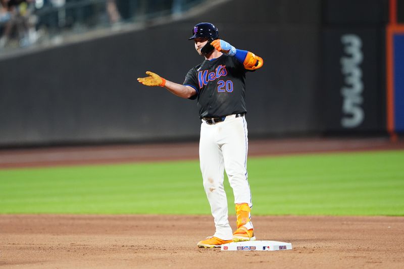 May 31, 2024; New York City, New York, USA; New York Mets first baseman Pete Alonso (20) reacts to hitting an RBI double against the Arizona Diamondbacks during the fourth inning at Citi Field. Mandatory Credit: Gregory Fisher-USA TODAY Sports