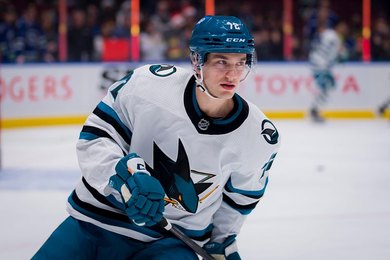 Dec 23, 2023; Vancouver, British Columbia, CAN; San Jose Sharks forward William Eklund (72) skates during warm up prior to a game against the Vancouver Canucks at Rogers Arena. Mandatory Credit: Bob Frid-USA TODAY Sports