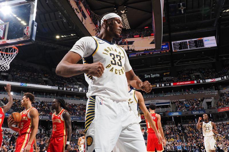 INDIANAPOLIS, IN - FEBRUARY 1: Myles Turner #33 of the Indiana Pacers celebrates during the game against the Atlanta Hawks on February 1, 2025 at Gainbridge Fieldhouse in Indianapolis, Indiana. NOTE TO USER: User expressly acknowledges and agrees that, by downloading and or using this Photograph, user is consenting to the terms and conditions of the Getty Images License Agreement. Mandatory Copyright Notice: Copyright 2025 NBAE (Photo by Ron Hoskins/NBAE via Getty Images)